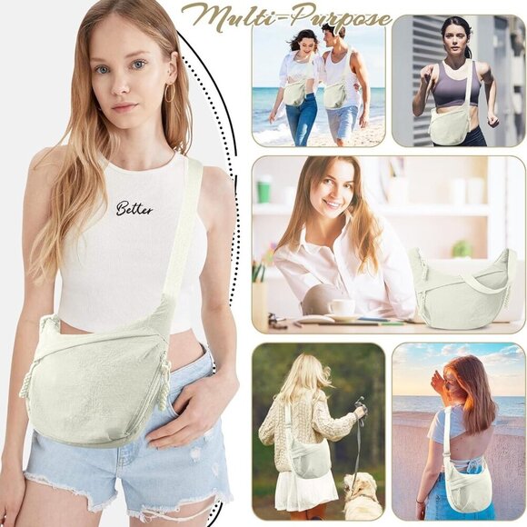 Nylon Crescent Crossbody Bag - Stylish Dumpling Design, Adjustable Strap, Beige - Picture 6 of 7